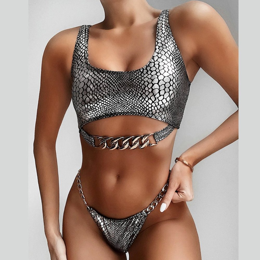 LAST CALL!🔥Gold Chain🔥 Snake Skin Metallic 2-Piece Bikini